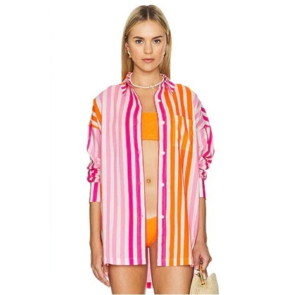 Beach Riot Alexa Swim Cover Up‎ Orange Striped Oversized Button Down Shirt LP